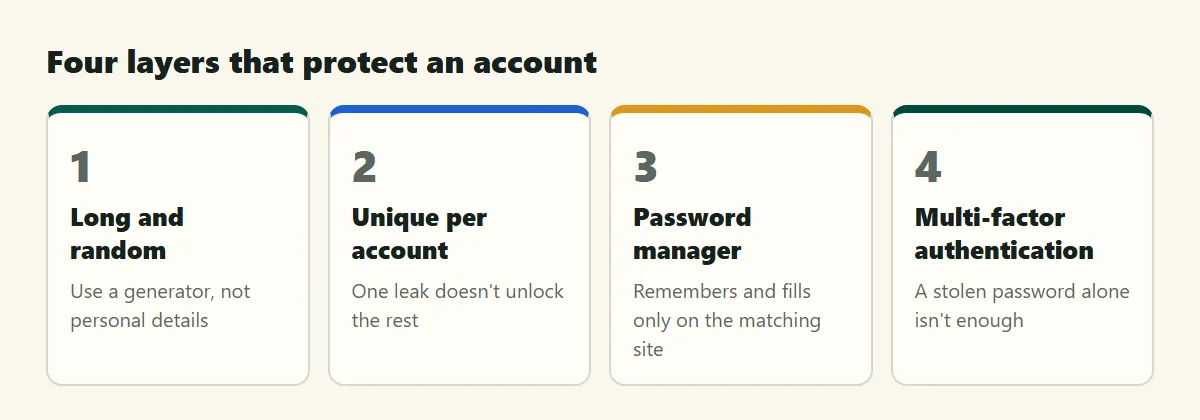 Four layers that protect an account: long and random, unique per account, password manager, and multi-factor authentication