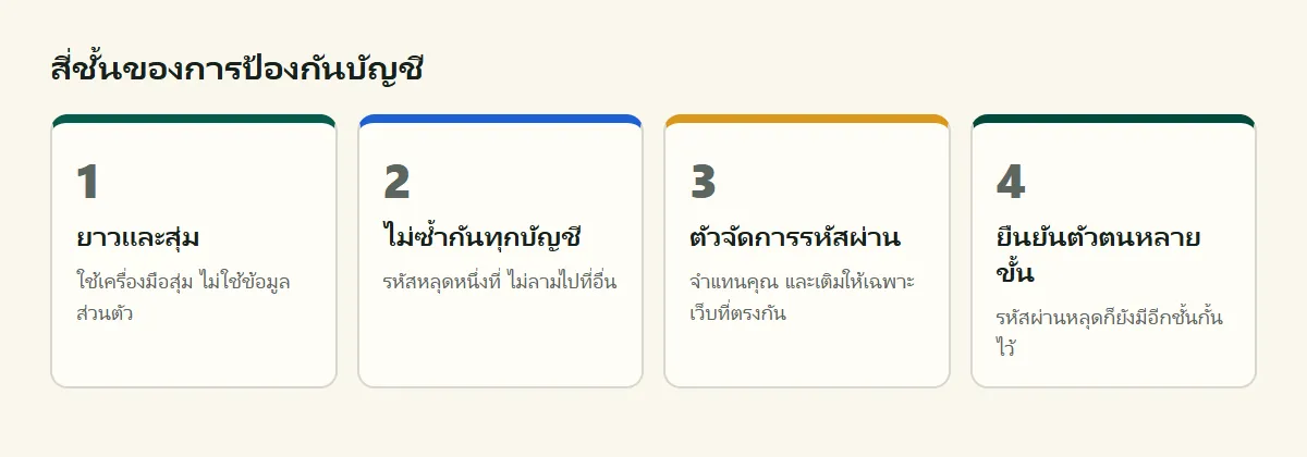 สี่ชั้นของการป้องกันบัญชี ได้แก่ ยาวและสุ่ม ไม่ซ้ำกันทุกบัญชี ตัวจัดการรหัสผ่าน และการยืนยันตัวตนหลายขั้นตอน