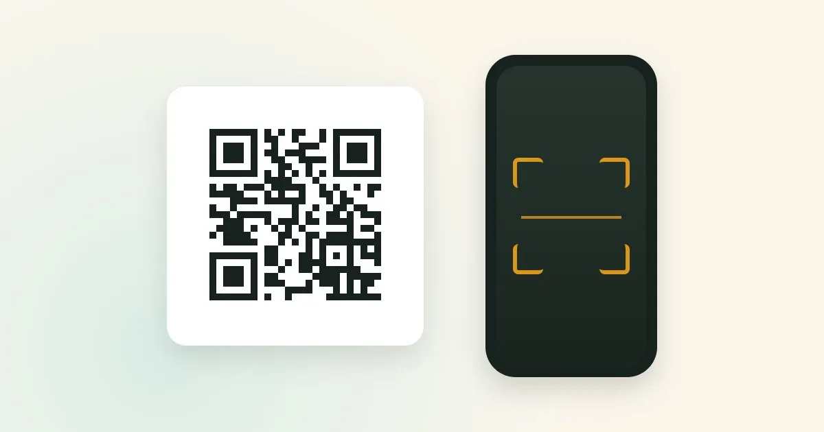 A black-and-white QR code with a white margin beside a phone whose camera frame is ready to scan