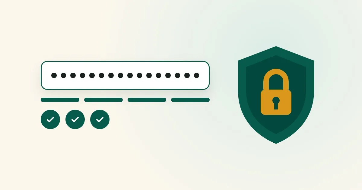 A password field filled with hidden characters, a full strength bar and a green shield with a padlock